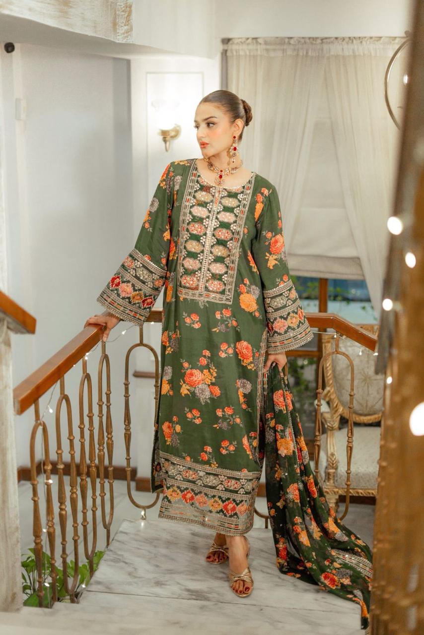 Ahmozi - Aneelas Collection Digital Printed Shamoz Silk 3 Piece Suit